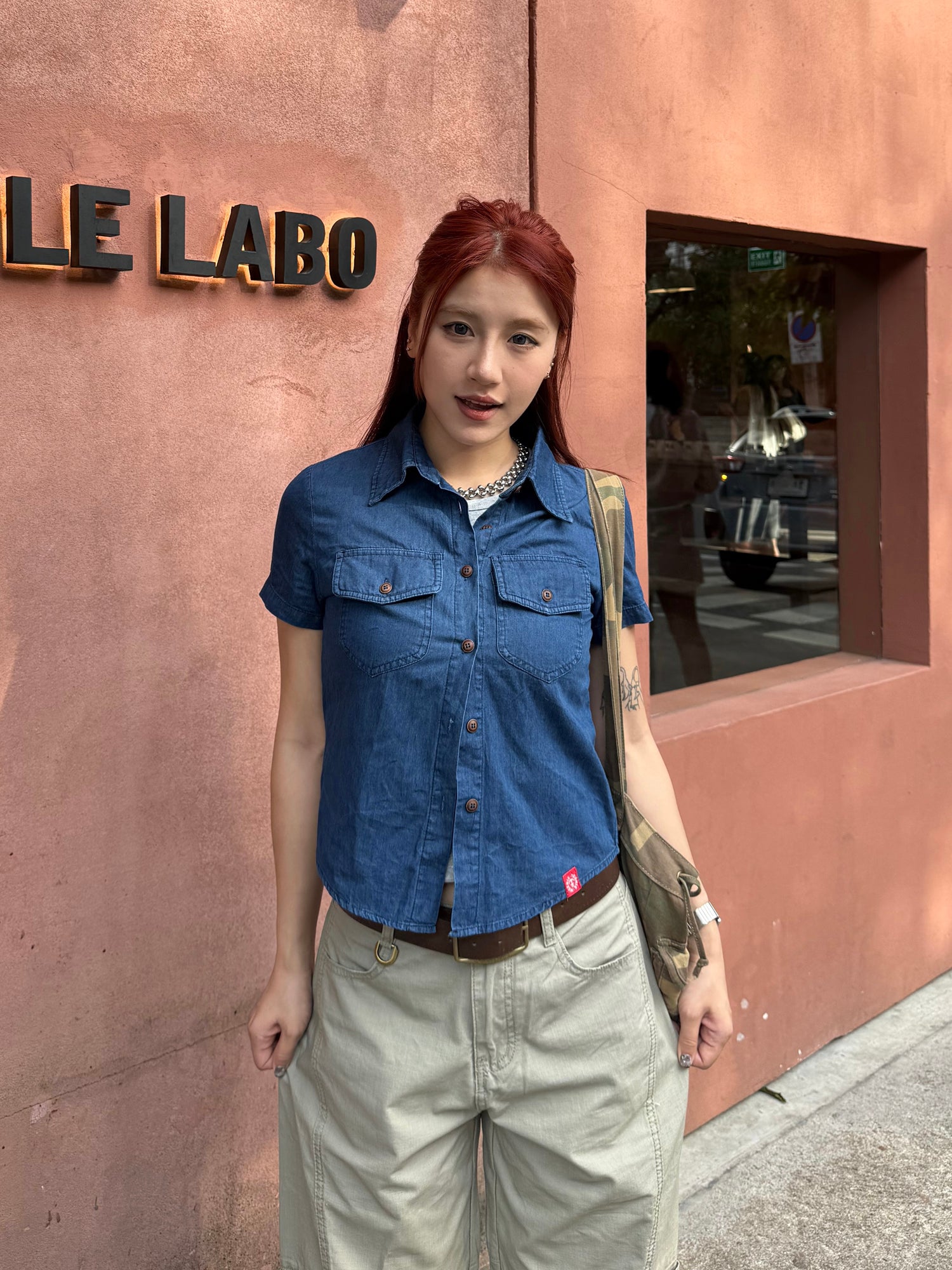 クロップド丈 半袖ウエスタンデニムシャツ N506