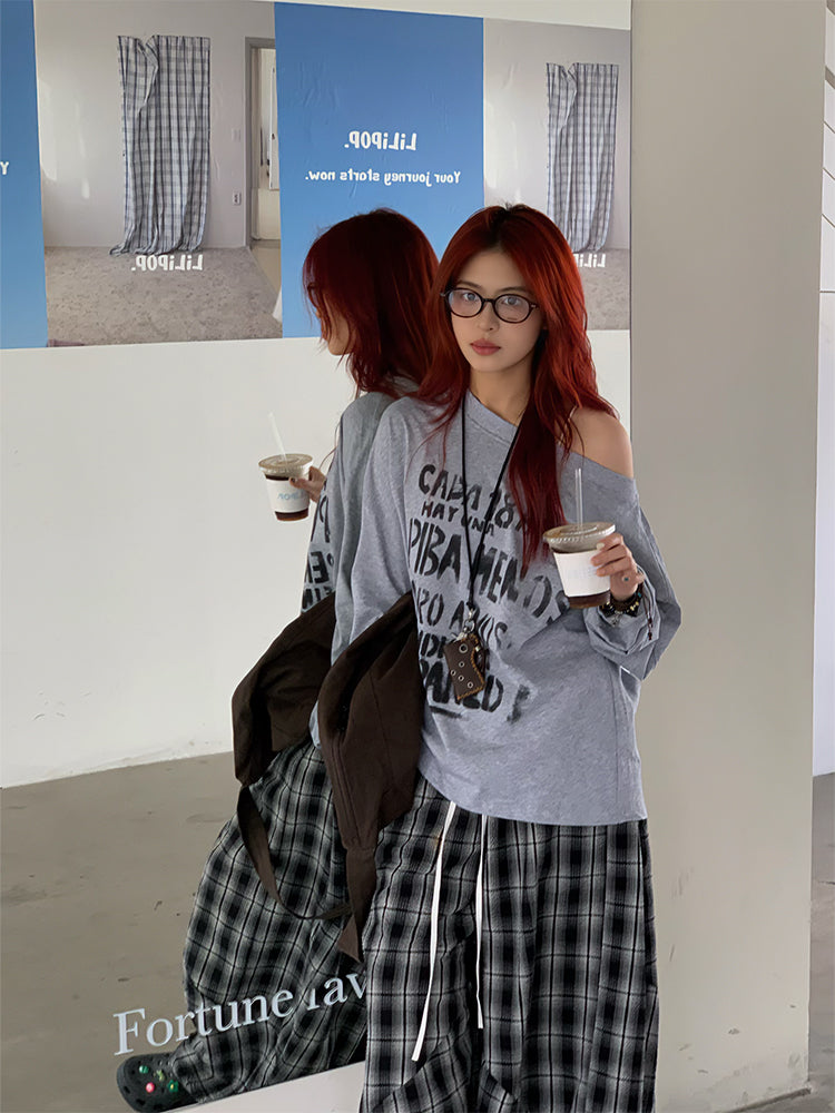 斜め襟デザインレタープリント長袖トップス N425