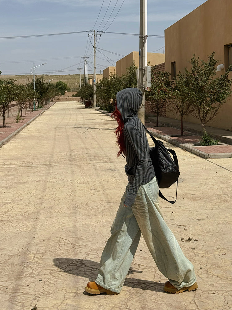 リブボーダー・フィンガーホールフーデッドTシャツ N682