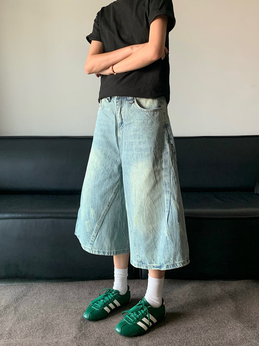 swarovski shine wide shorts ラメ加工　ワイドデニム ライトブルーワイドデニムショーツ N439