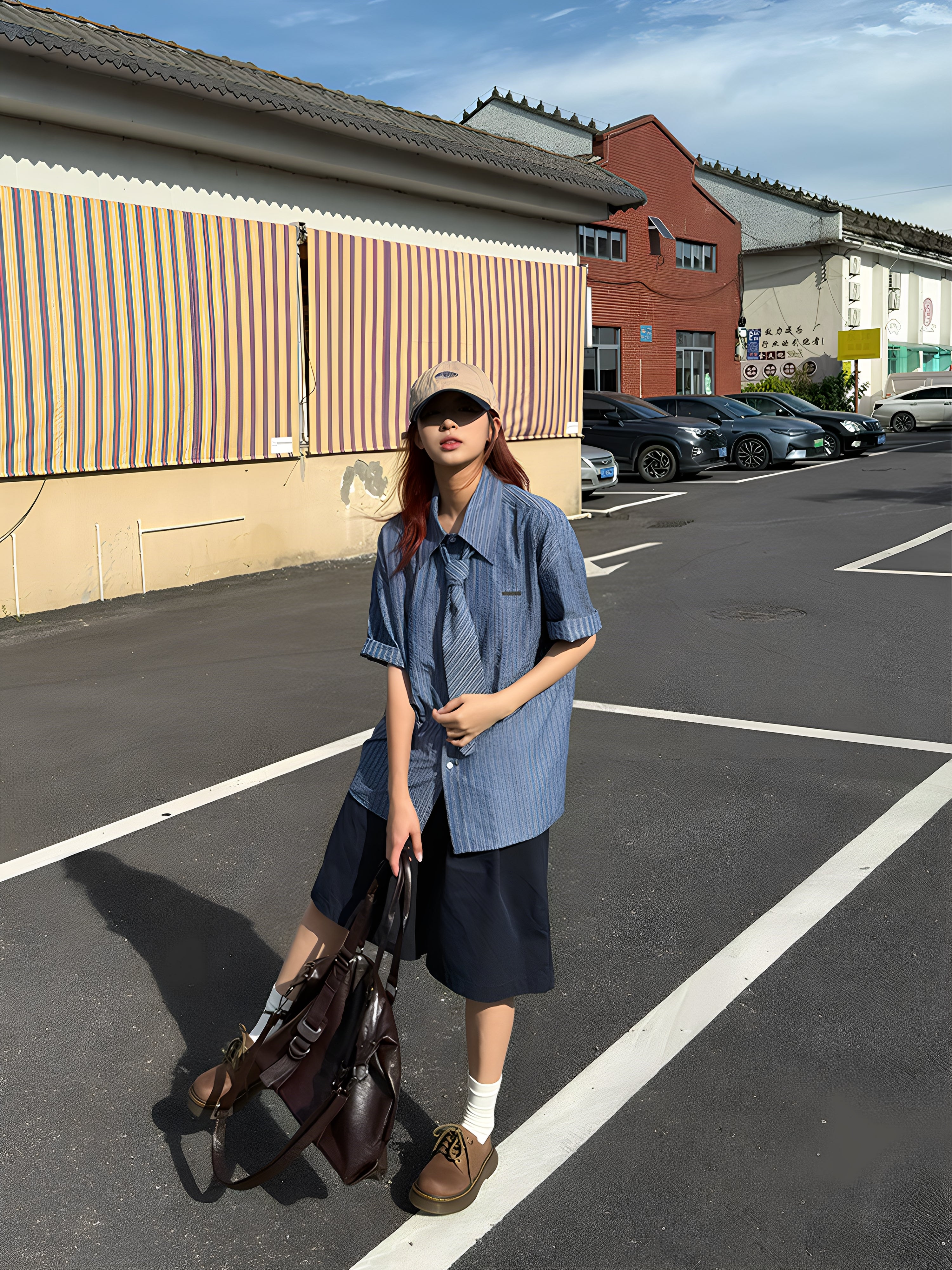 ストライプネクタイ付き半袖シャツ N480