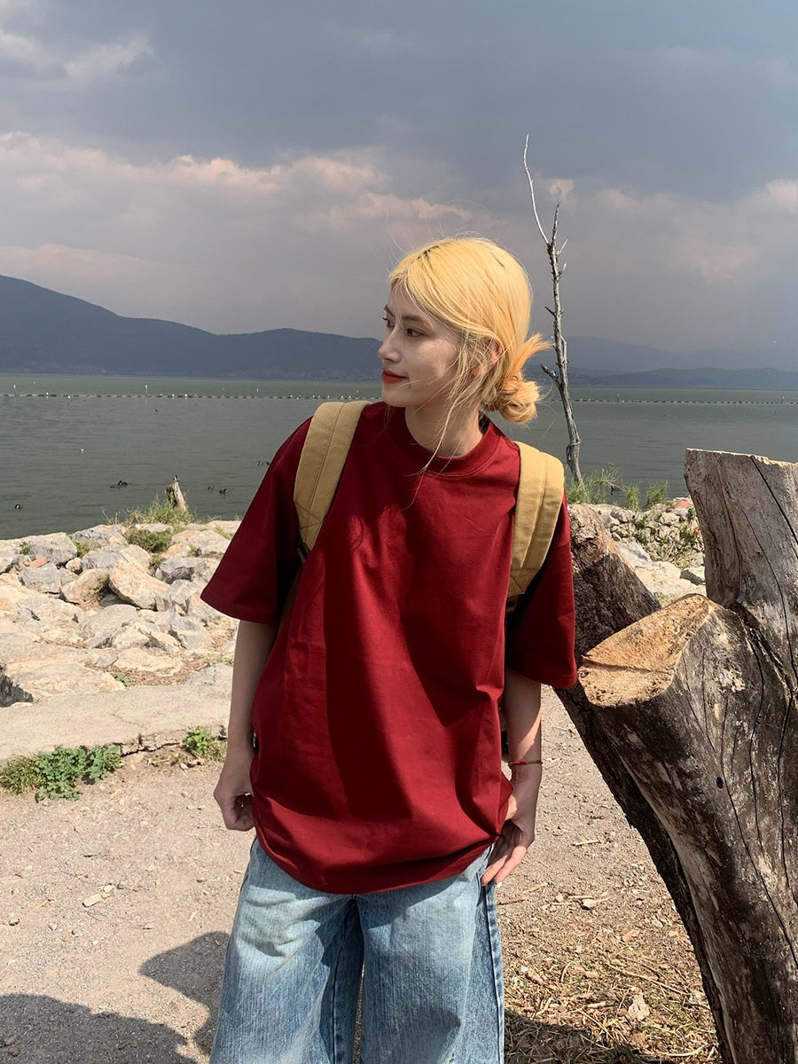 ベーシックラウンドネック半袖ルーズTシャツユニセックスカジュアル体型カバー N457