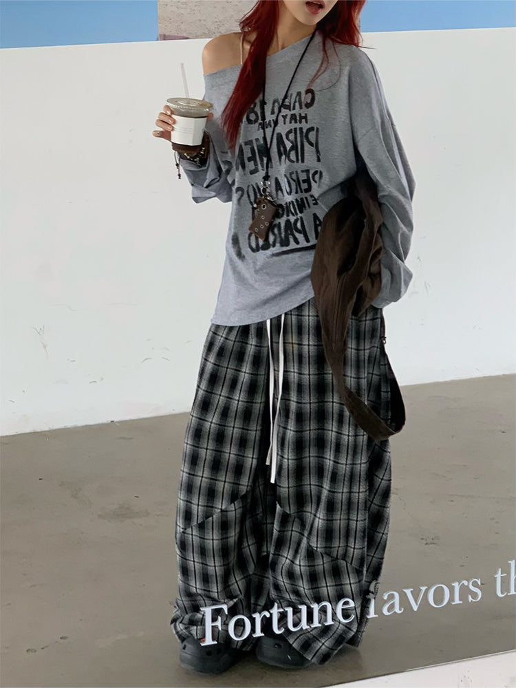 チェック柄ワイドレッグパンツ N424