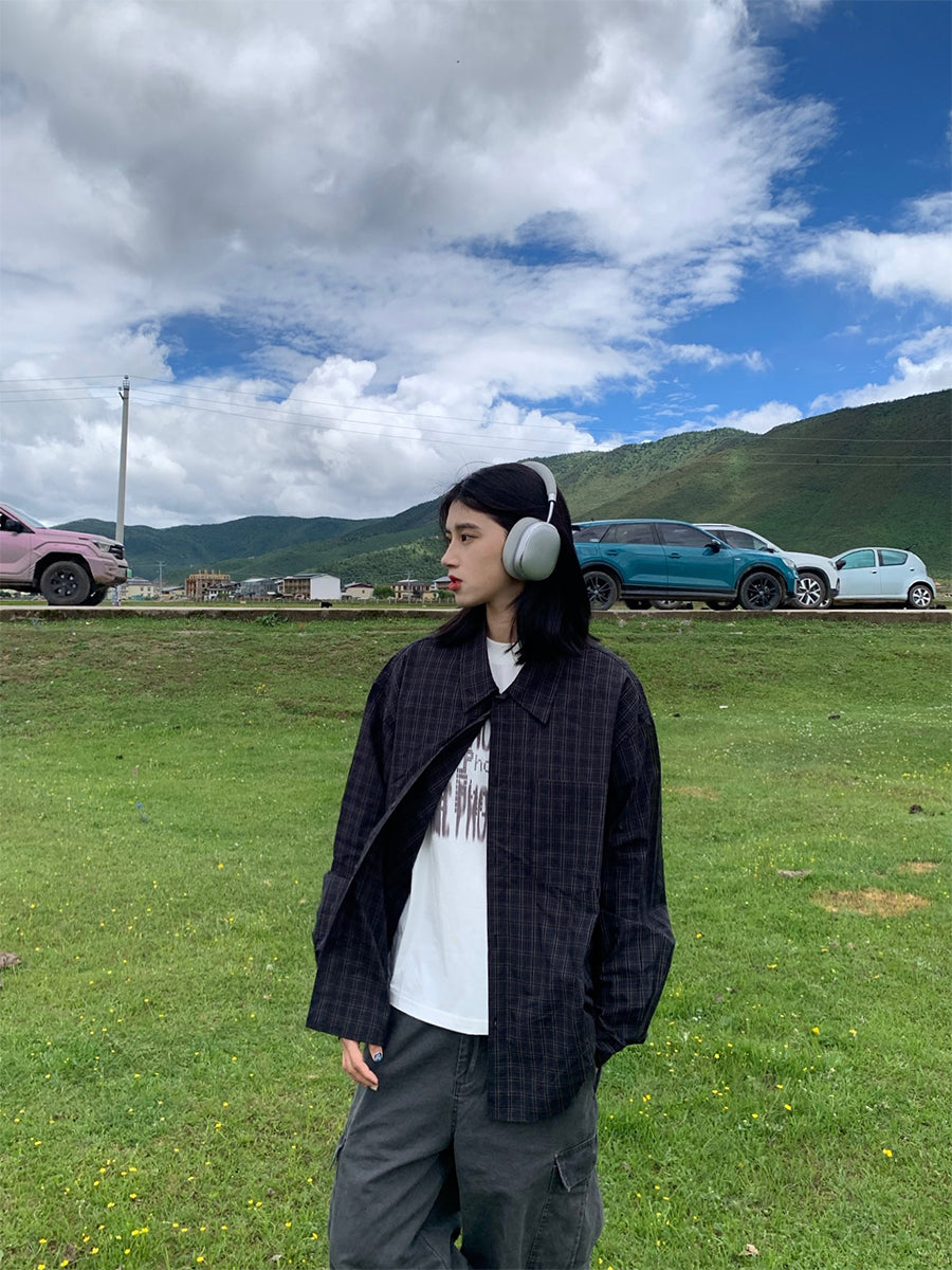 レトロチェック柄長袖シャツ N497