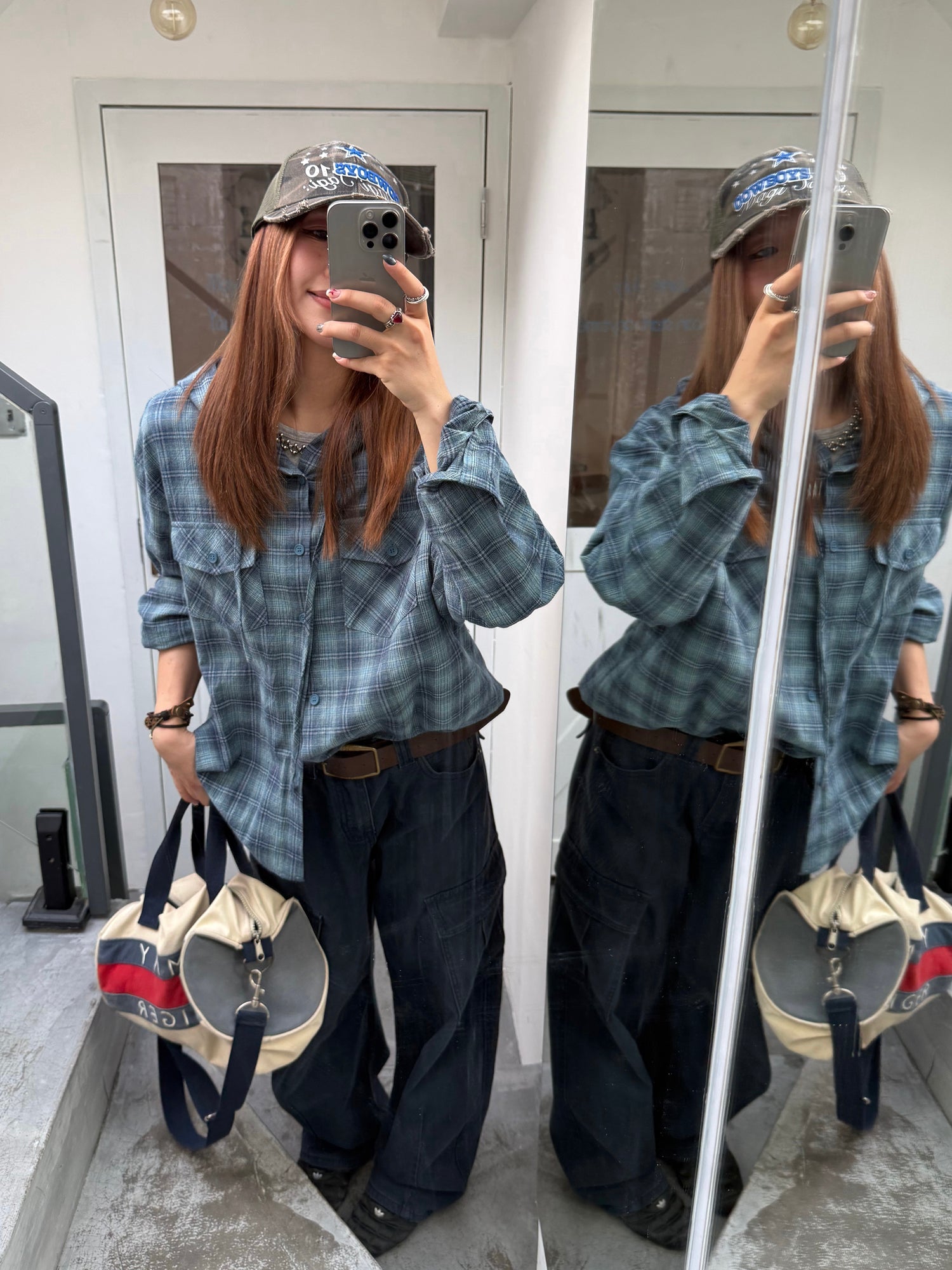 チェック柄フード付き長袖シャツ N543