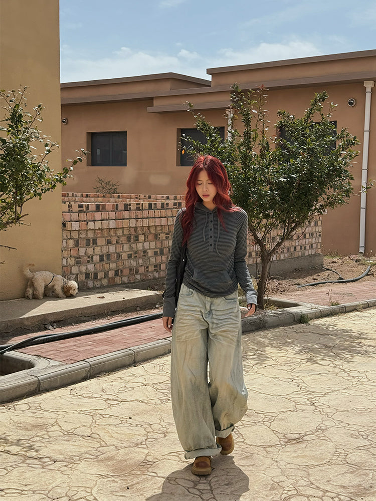 リブボーダー・フィンガーホールフーデッドTシャツ N682