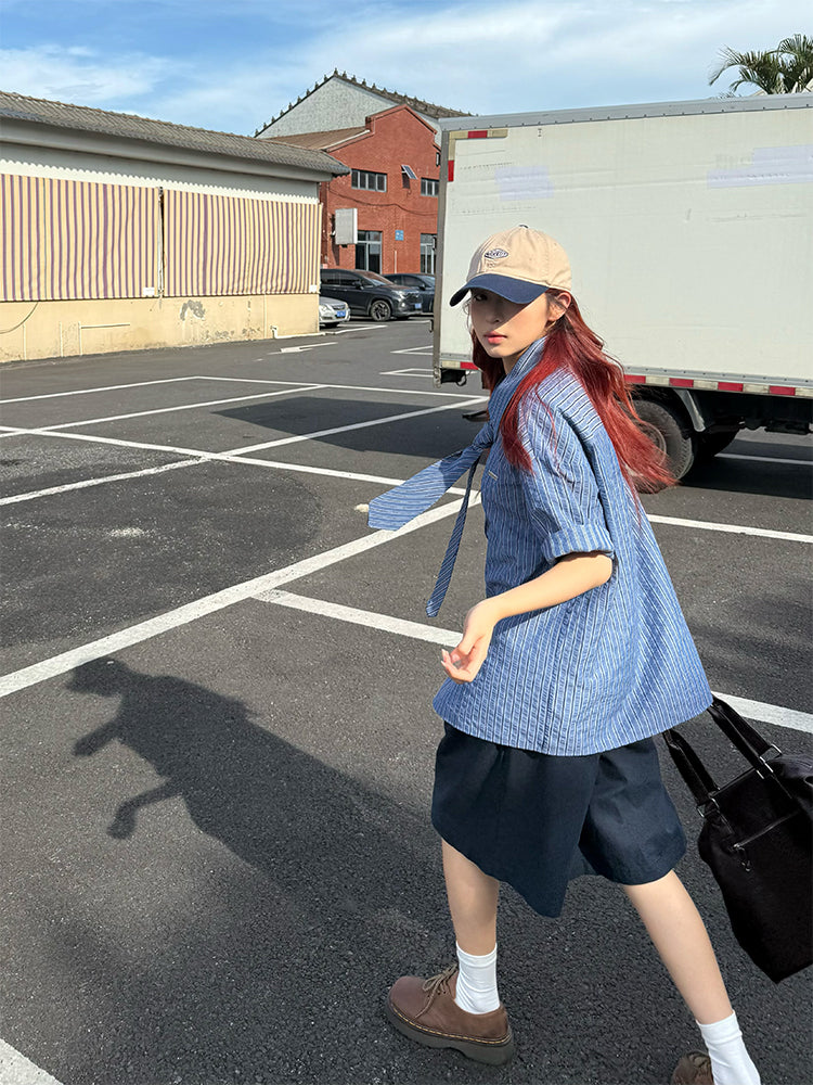 ストライプネクタイ付き半袖シャツ N480