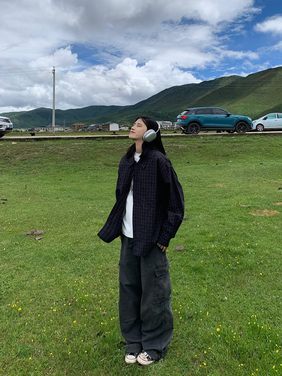 レトロチェック柄長袖シャツ N497