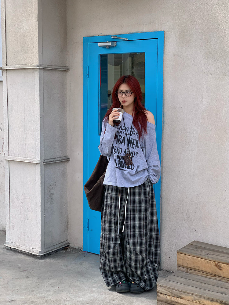 チェック柄ワイドレッグパンツ N424