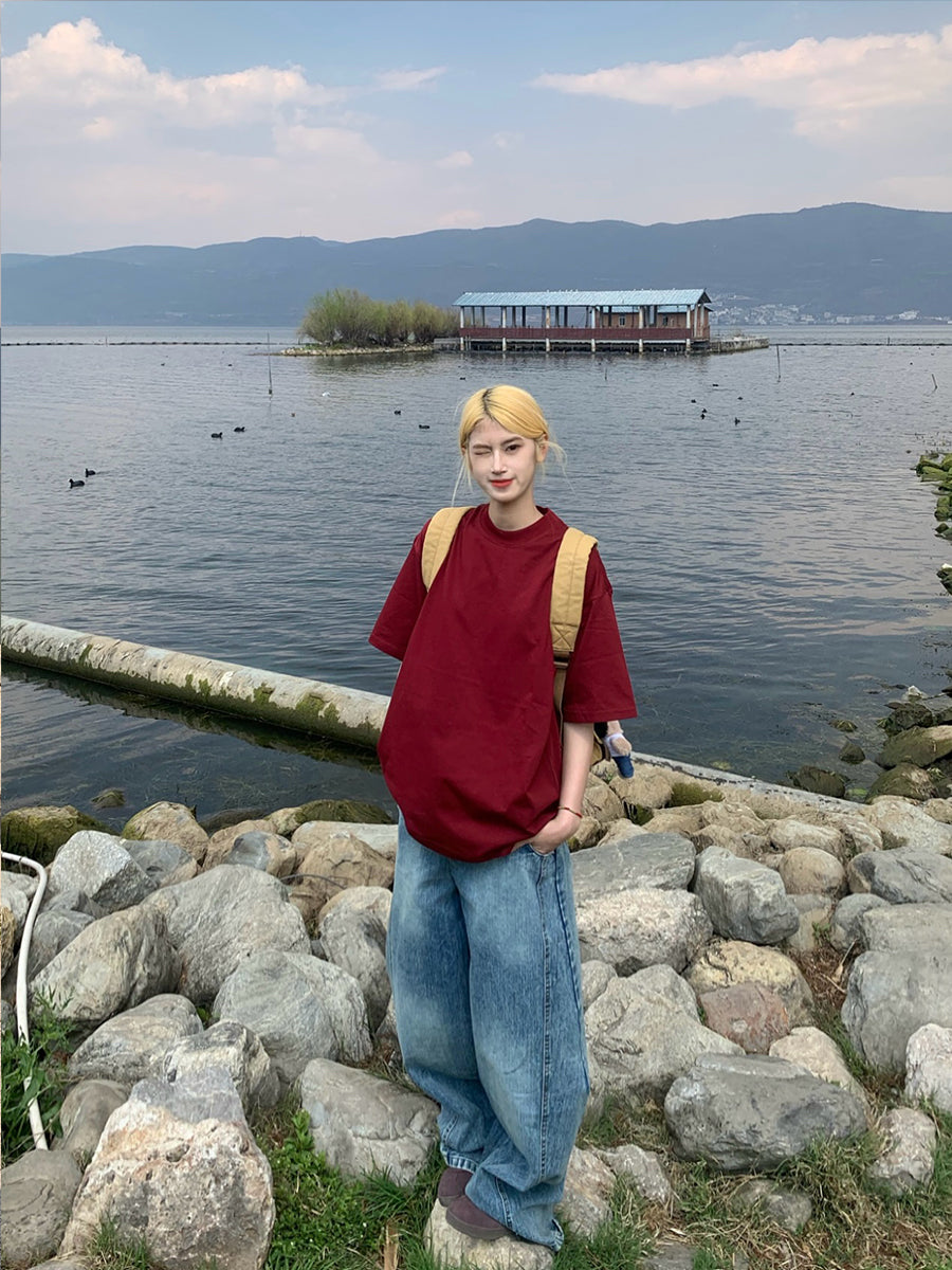 ベーシックラウンドネック半袖ルーズTシャツユニセックスカジュアル体型カバー N457