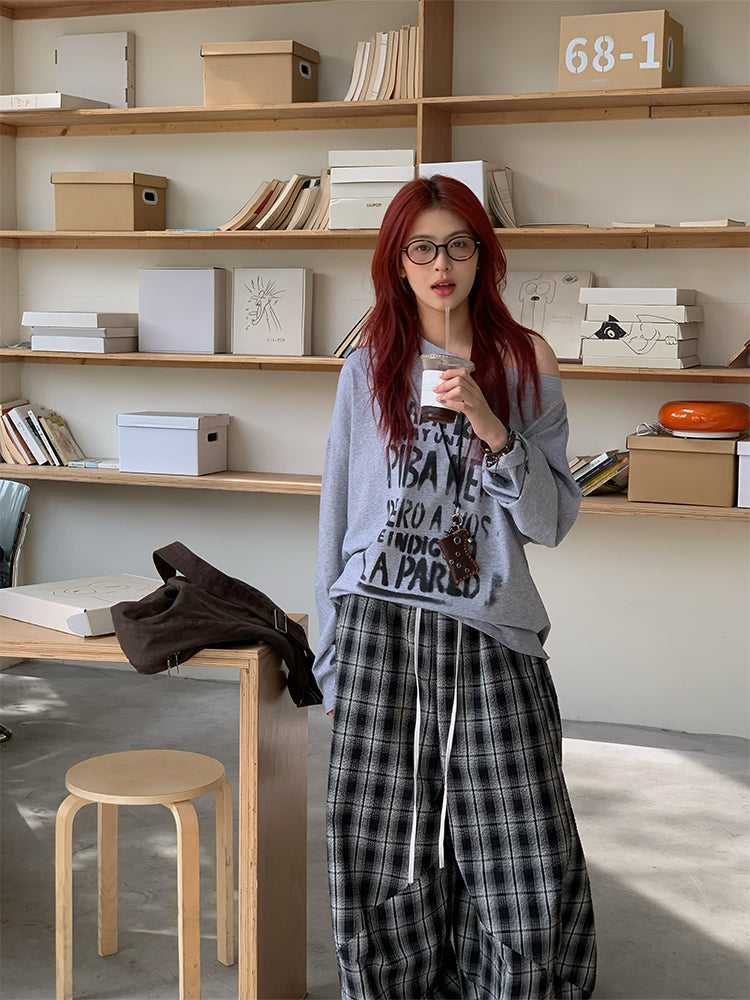 斜め襟デザインレタープリント長袖トップス N425