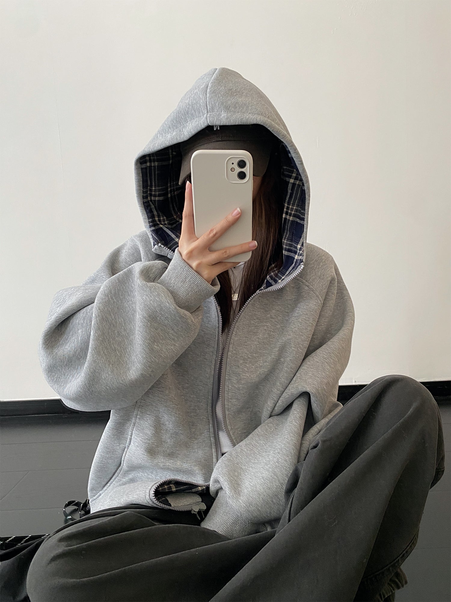 チェック柄長袖パーカー N574