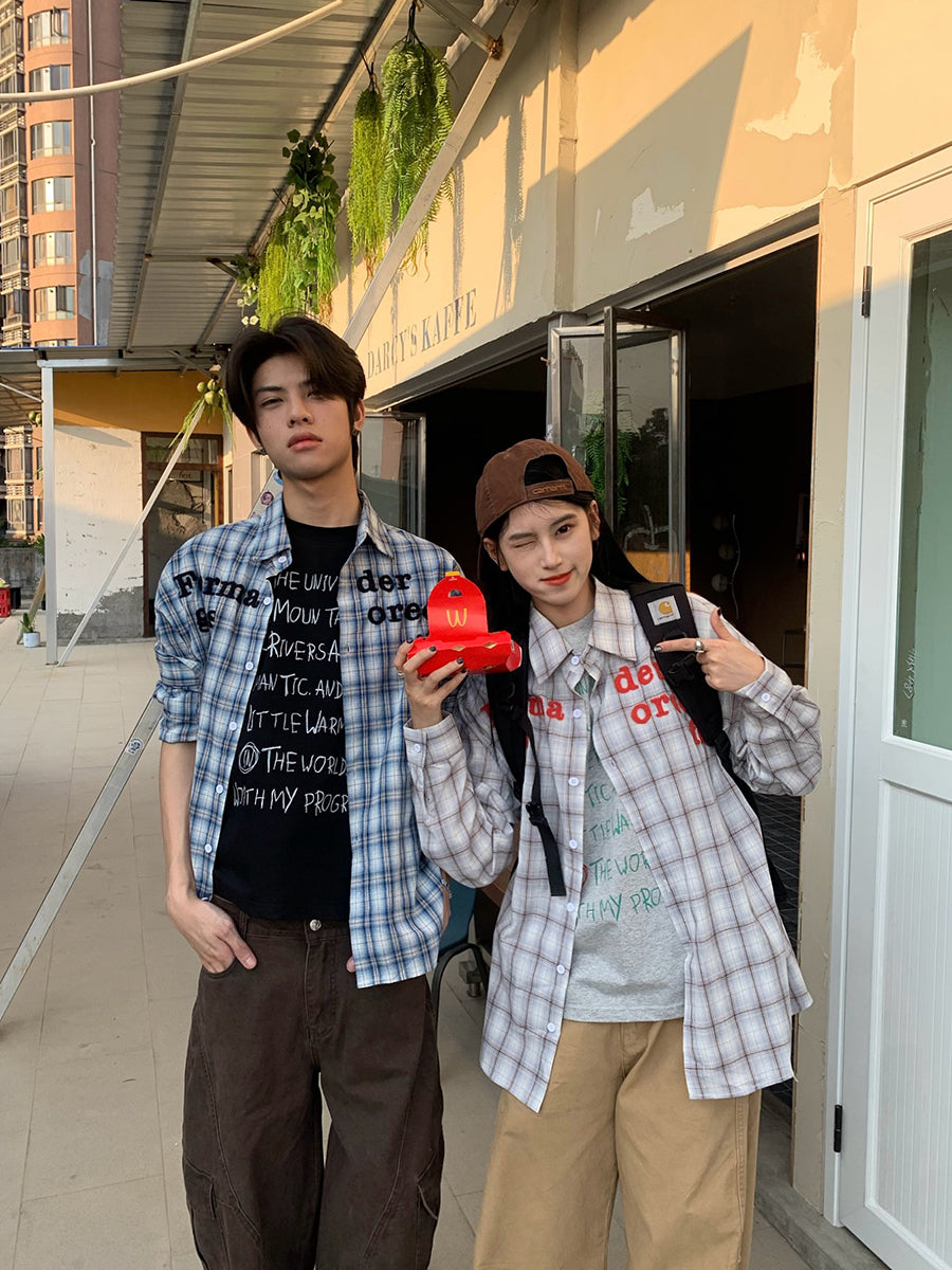 チェック柄レトロシャツユニセックス長袖 N460