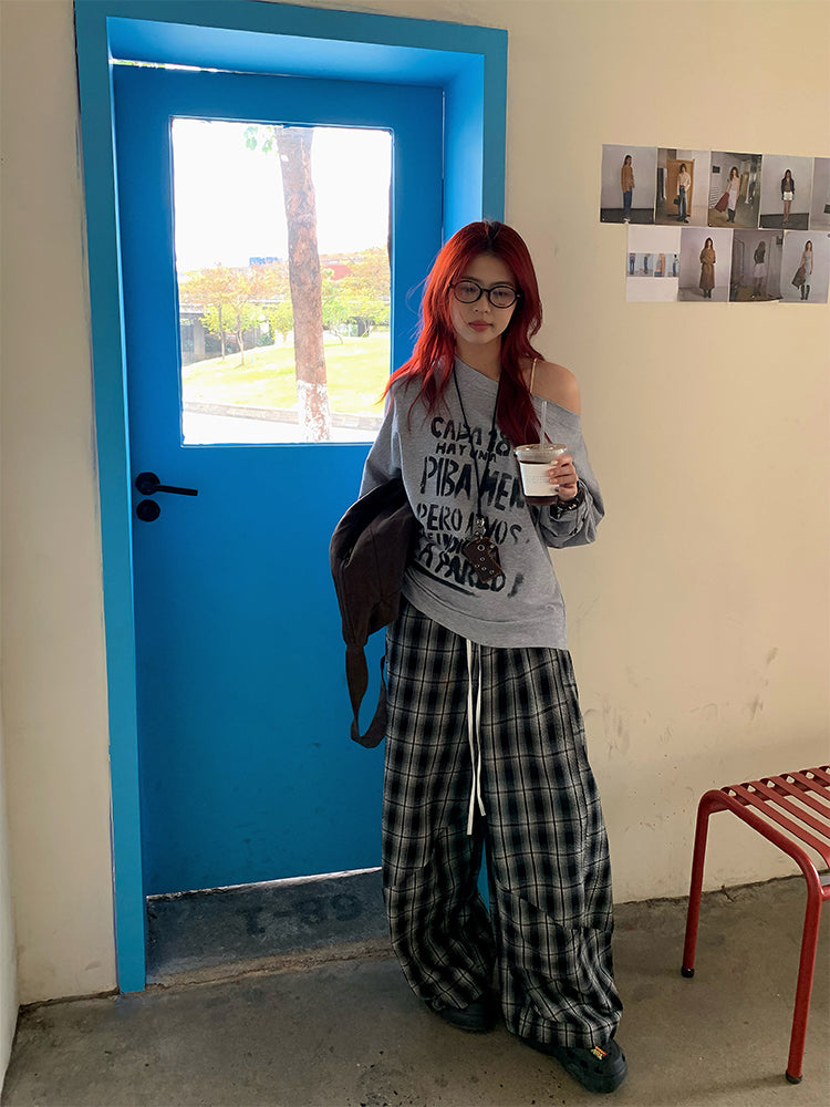 チェック柄ワイドレッグパンツ N424