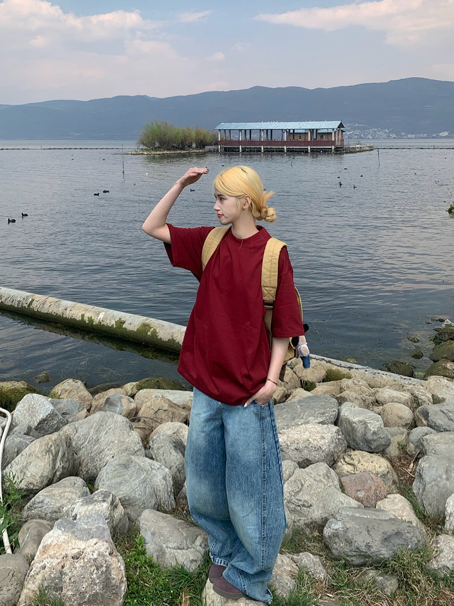 ベーシックラウンドネック半袖ルーズTシャツユニセックスカジュアル体型カバー N457