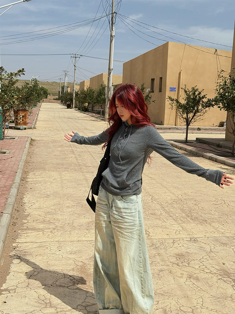 リブボーダー・フィンガーホールフーデッドTシャツ N682