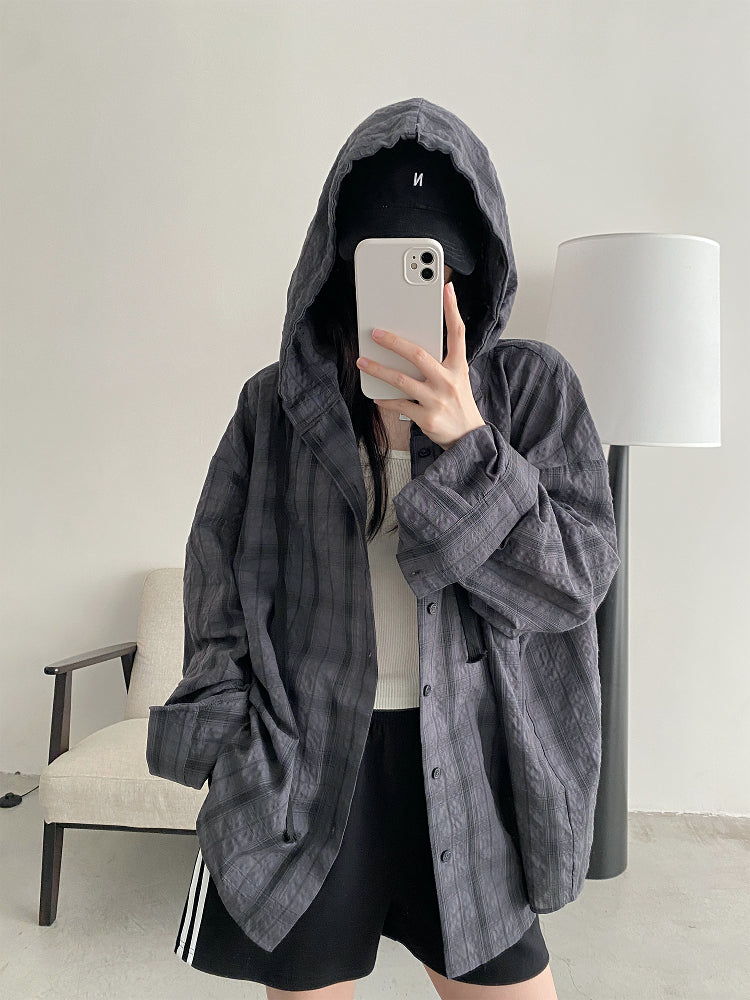 フード付きロングチェックシャツ N604