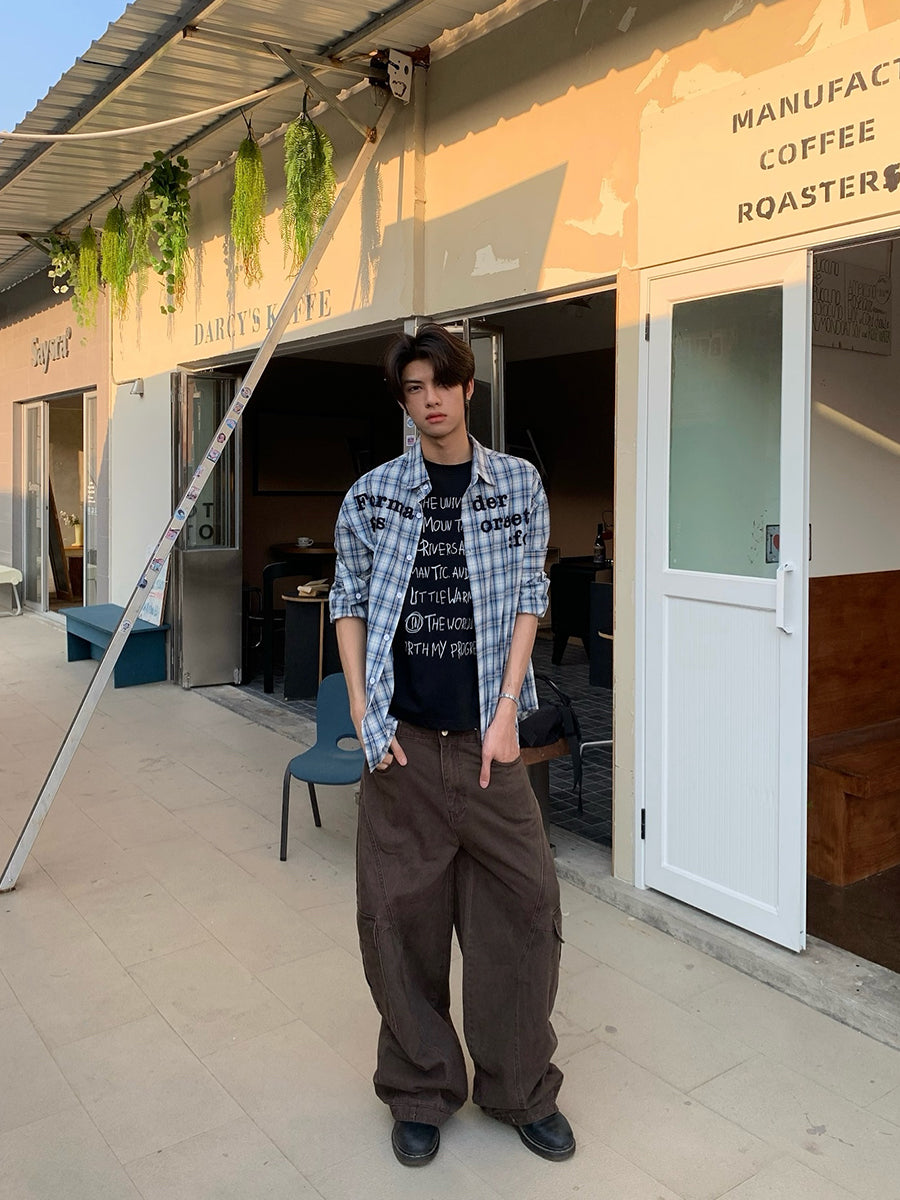 チェック柄レトロシャツユニセックス長袖 N460