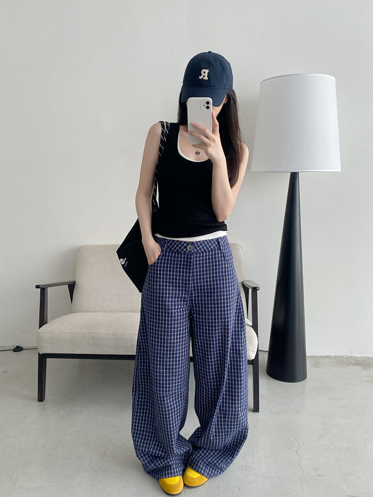 チェック柄ハイウエストワイドパンツ N466