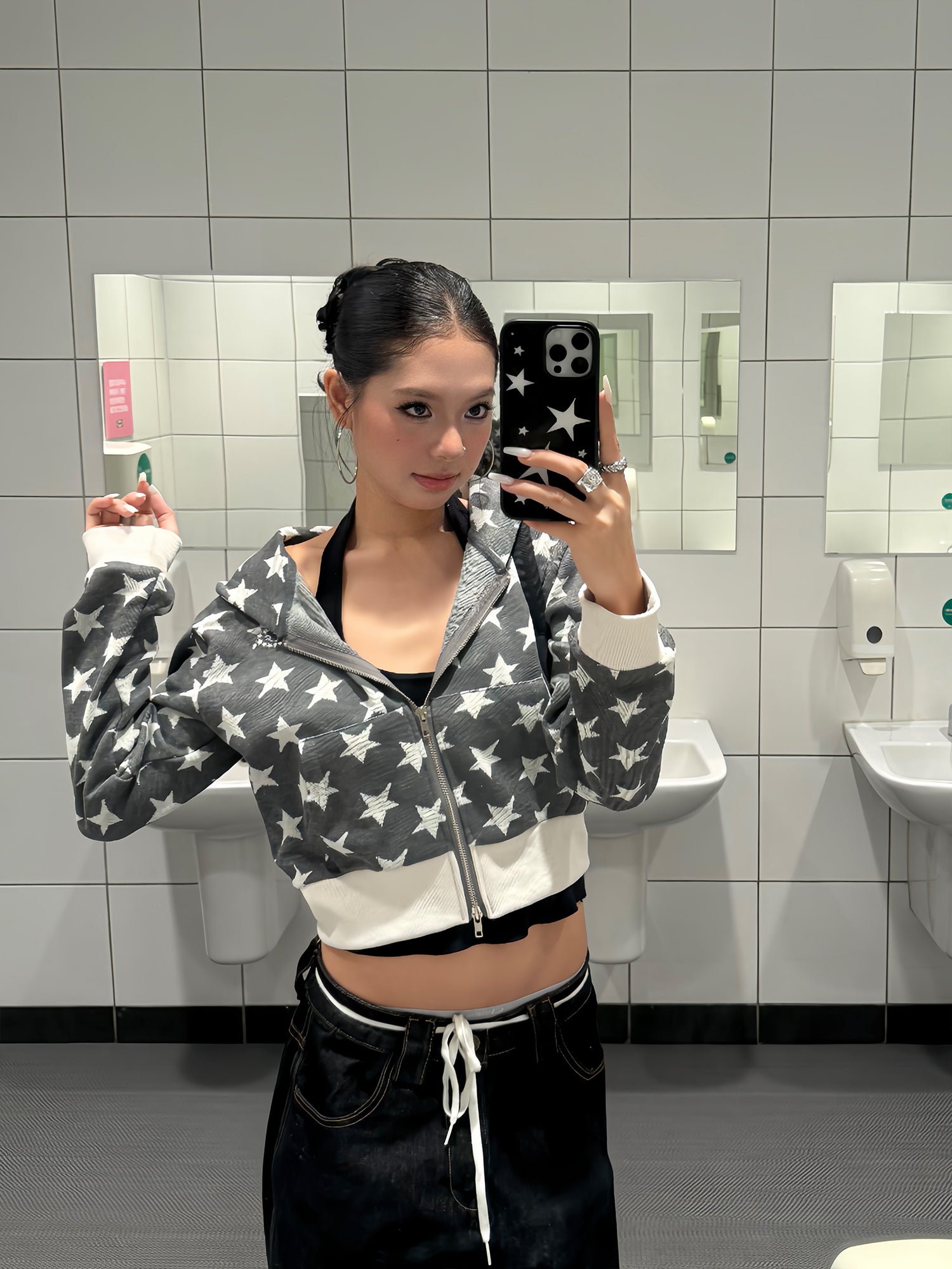 スター柄ショート丈ジッパーパーカー N536