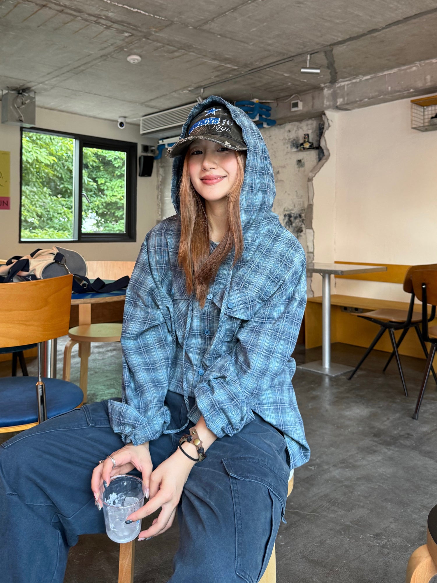 チェック柄フード付き長袖シャツ N543