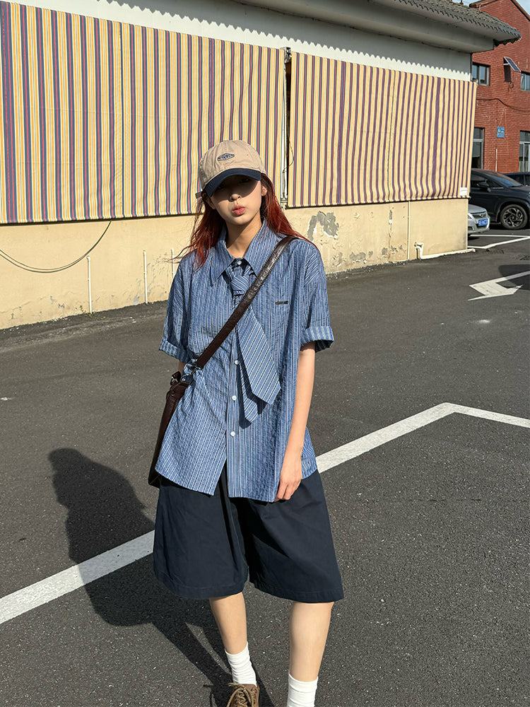 ストライプネクタイ付き半袖シャツ N480