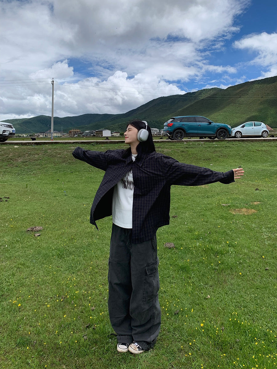 レトロチェック柄長袖シャツ N497