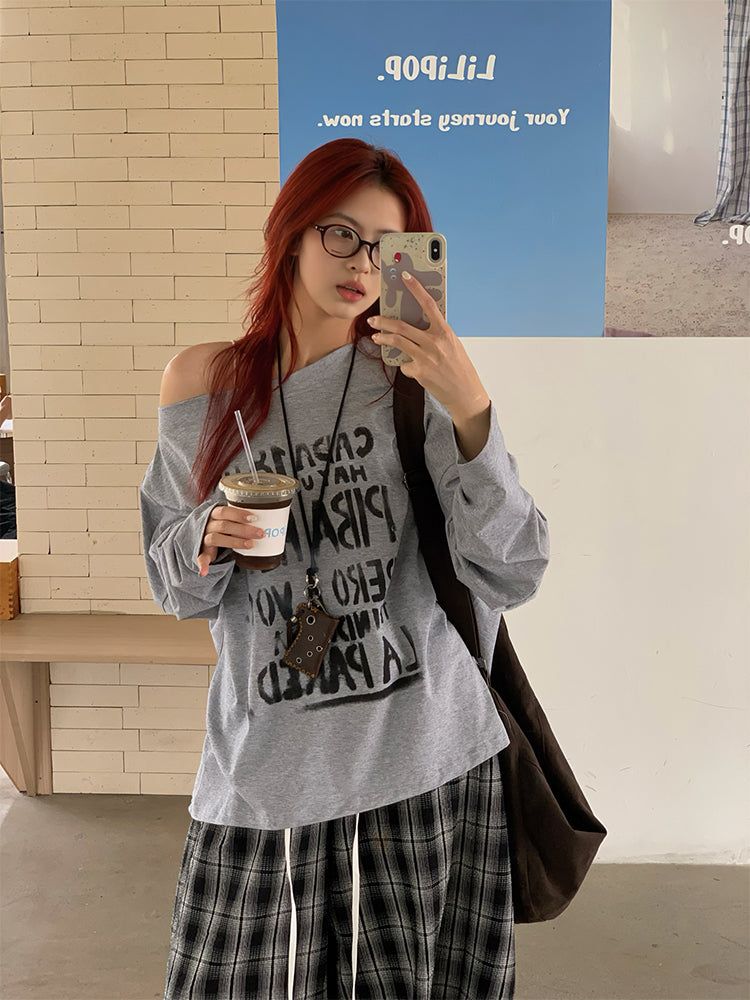 斜め襟デザインレタープリント長袖トップス N425