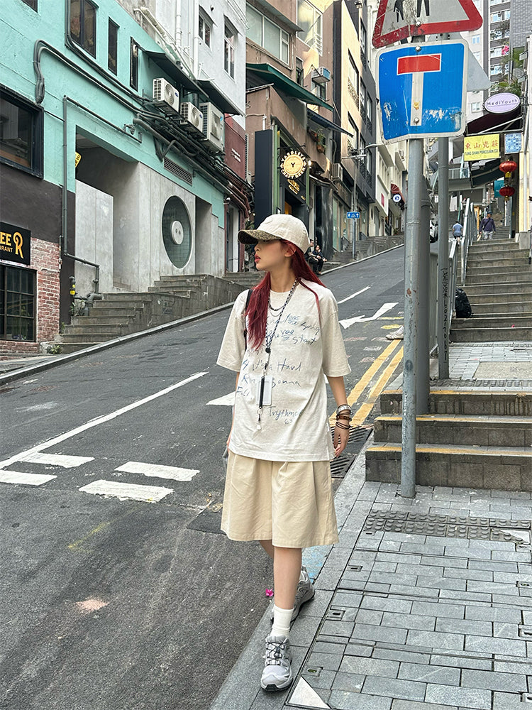 手書き風プリント 半袖Tシャツ リラックスフィット 大人カジュアル N429