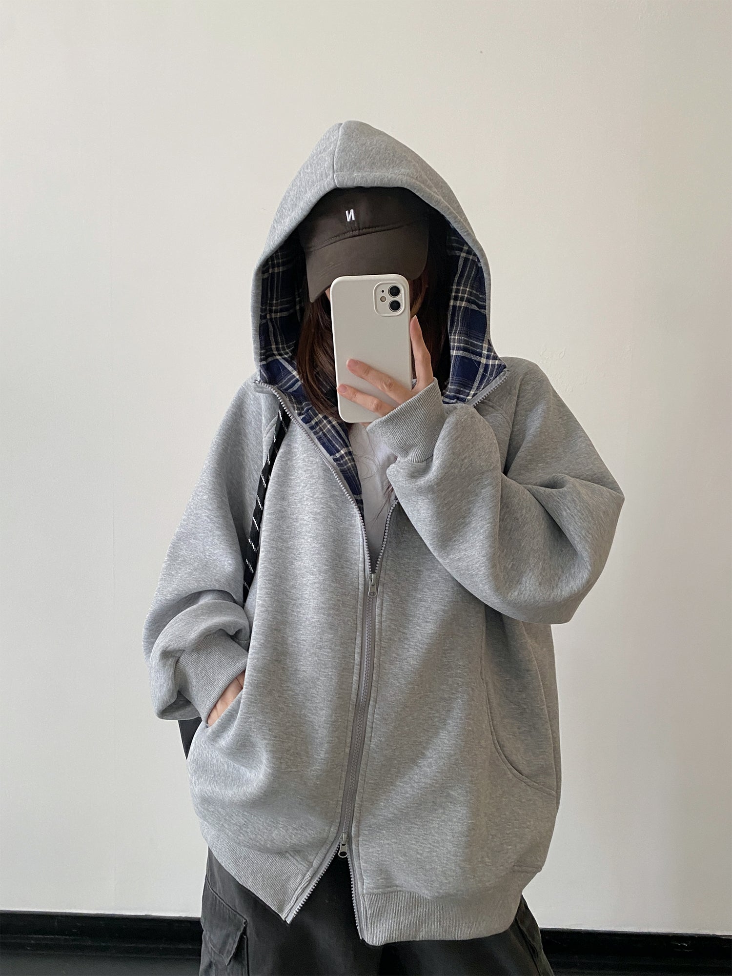 チェック柄長袖パーカー N574