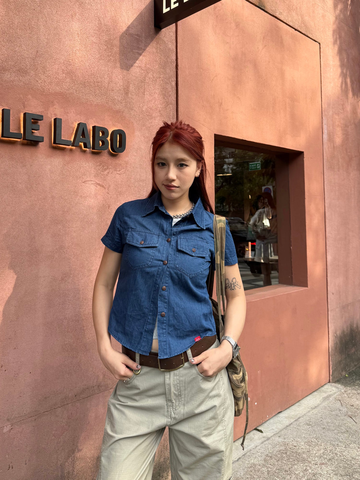 クロップド丈 半袖ウエスタンデニムシャツ N506