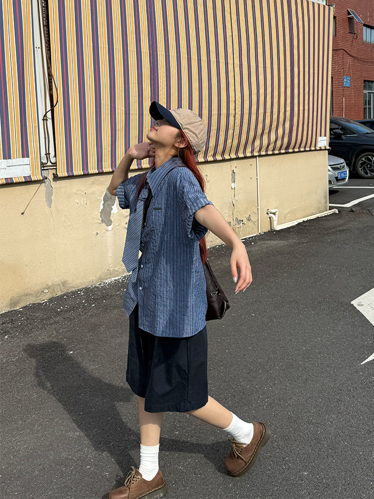 ストライプネクタイ付き半袖シャツ N480