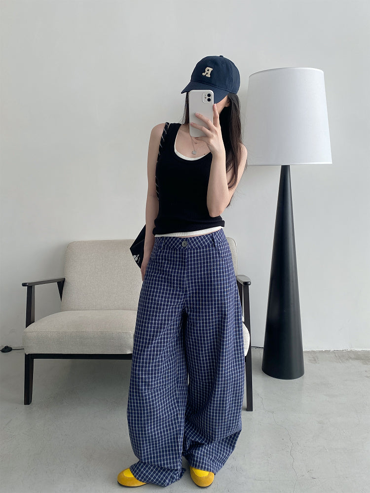 チェック柄ハイウエストワイドパンツ N466