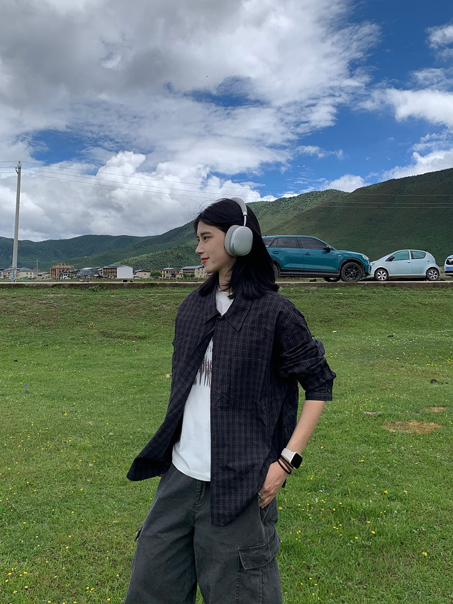 レトロチェック柄長袖シャツ N497