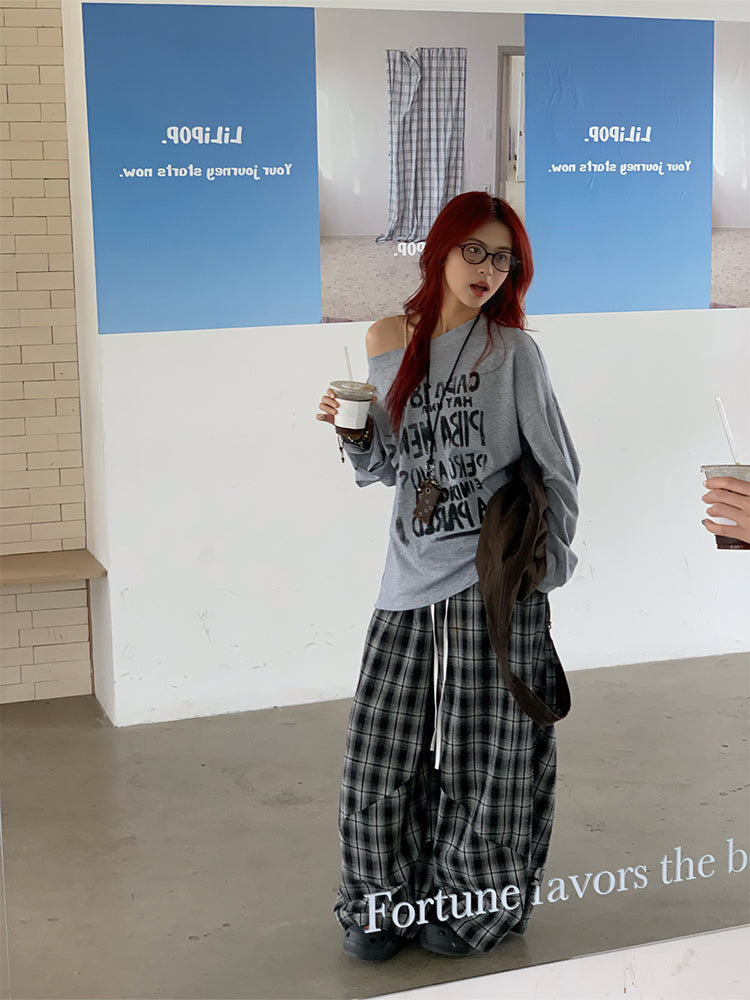 斜め襟デザインレタープリント長袖トップス N425