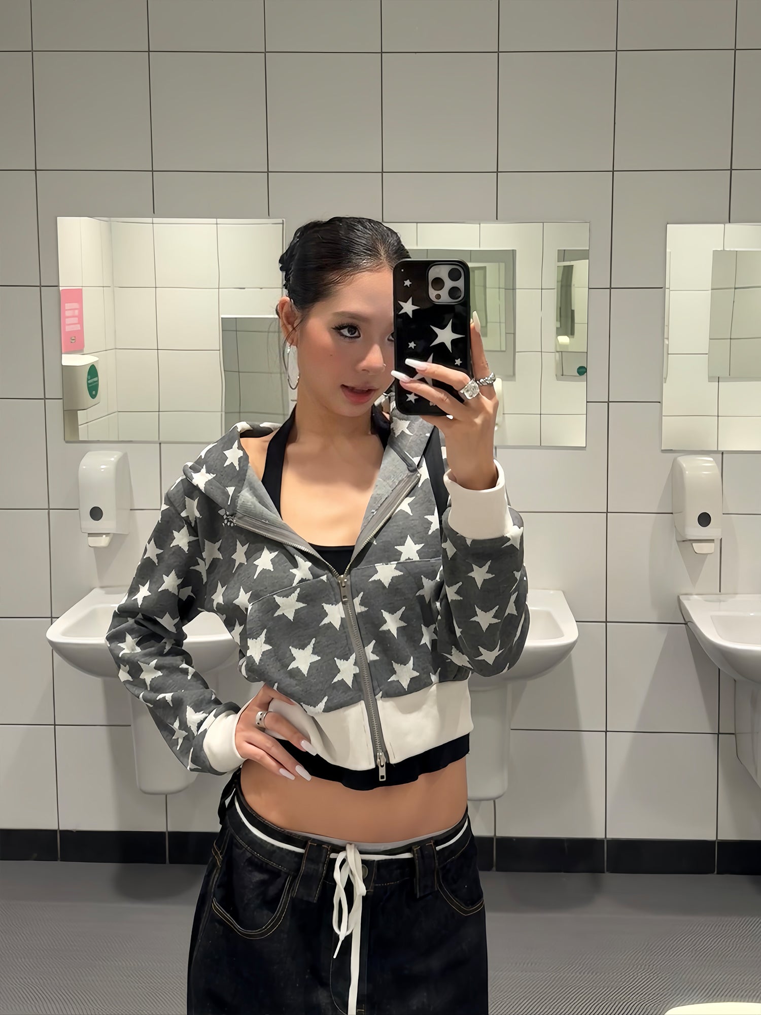 スター柄ショート丈ジッパーパーカー N536