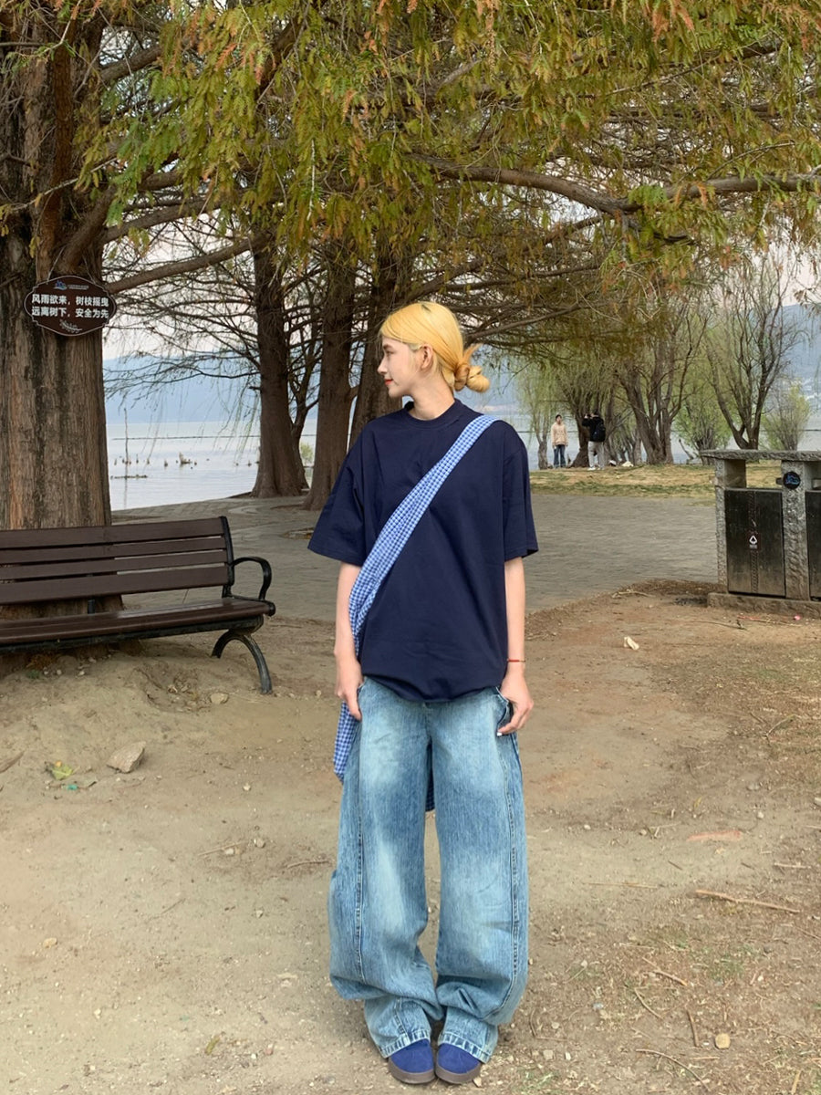 ベーシックラウンドネック半袖ルーズTシャツユニセックスカジュアル体型カバー N457