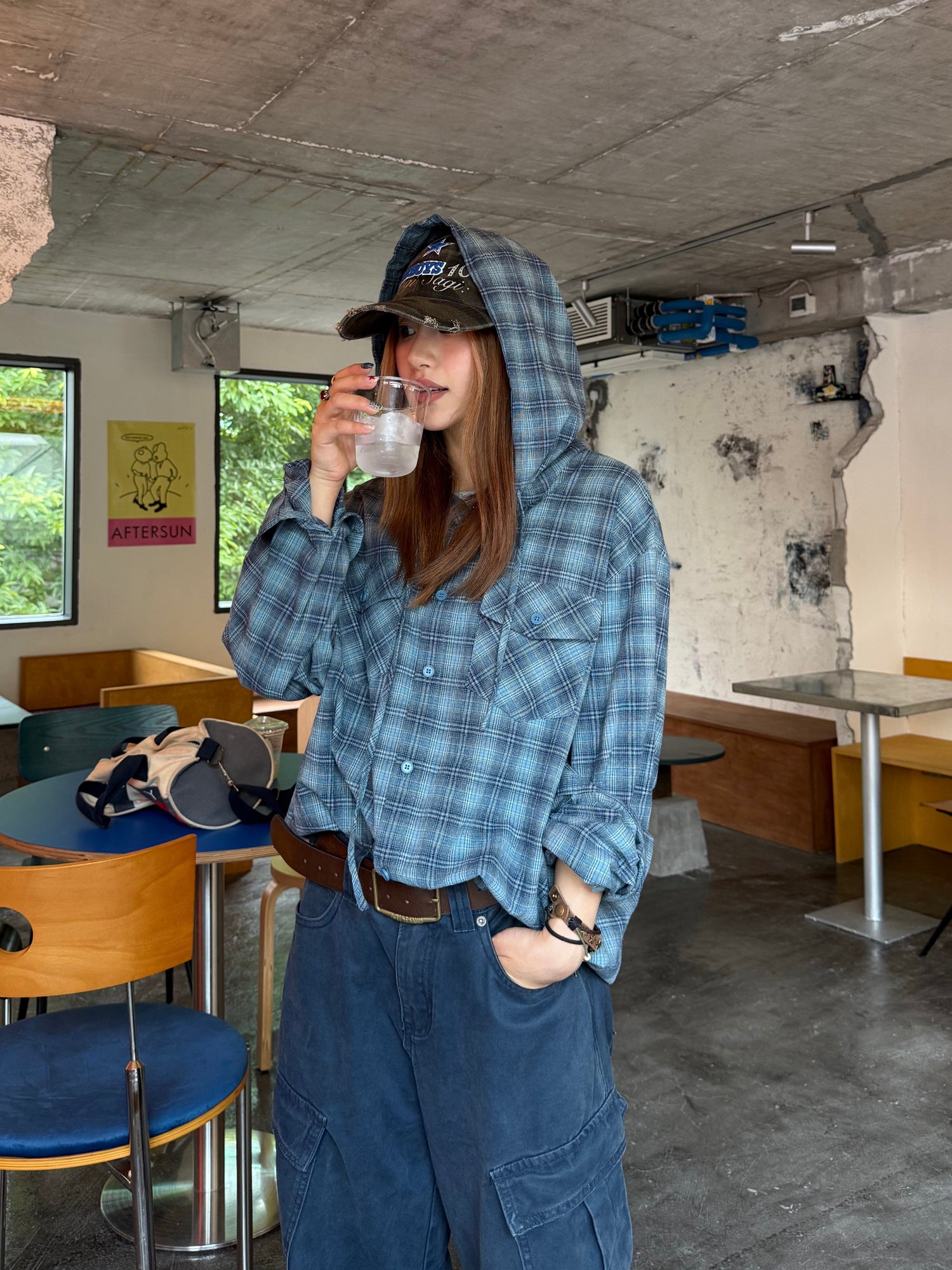 チェック柄フード付き長袖シャツ N543