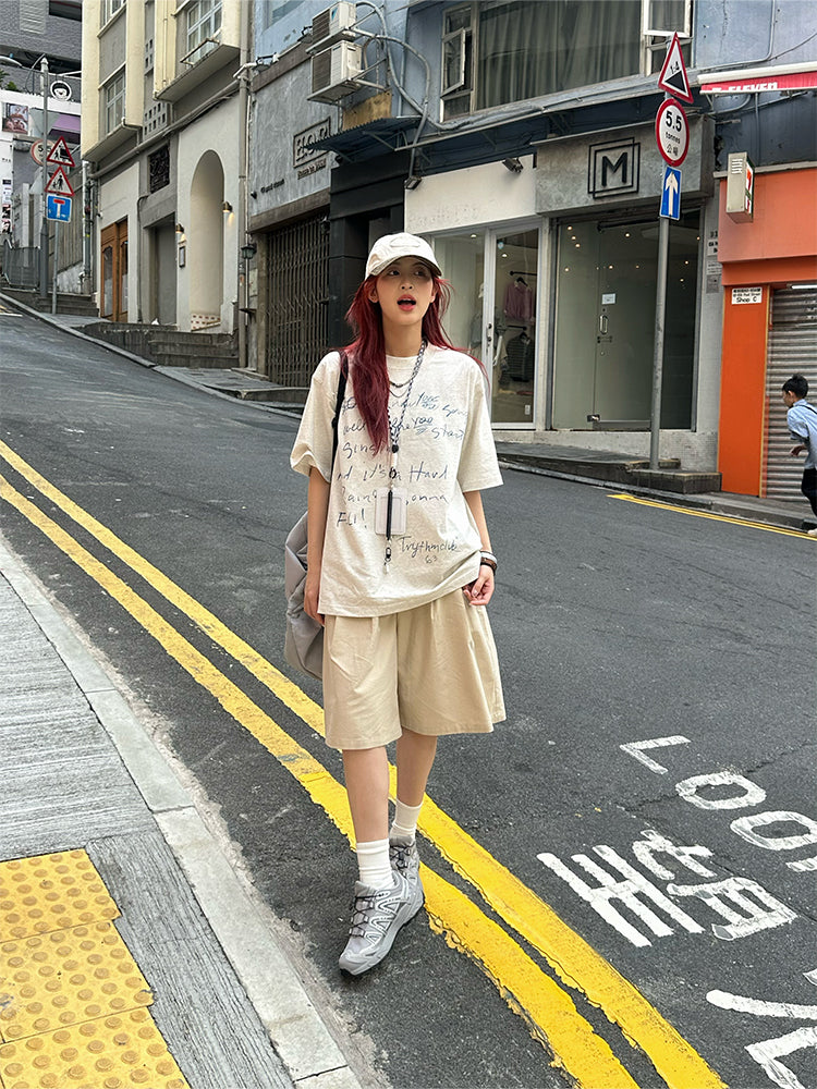 手書き風プリント 半袖Tシャツ リラックスフィット 大人カジュアル N429