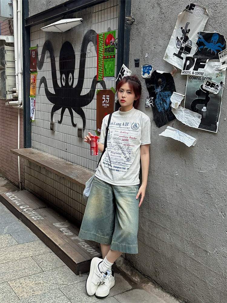 ミドル丈ワイドデニムハーフパンツ N479