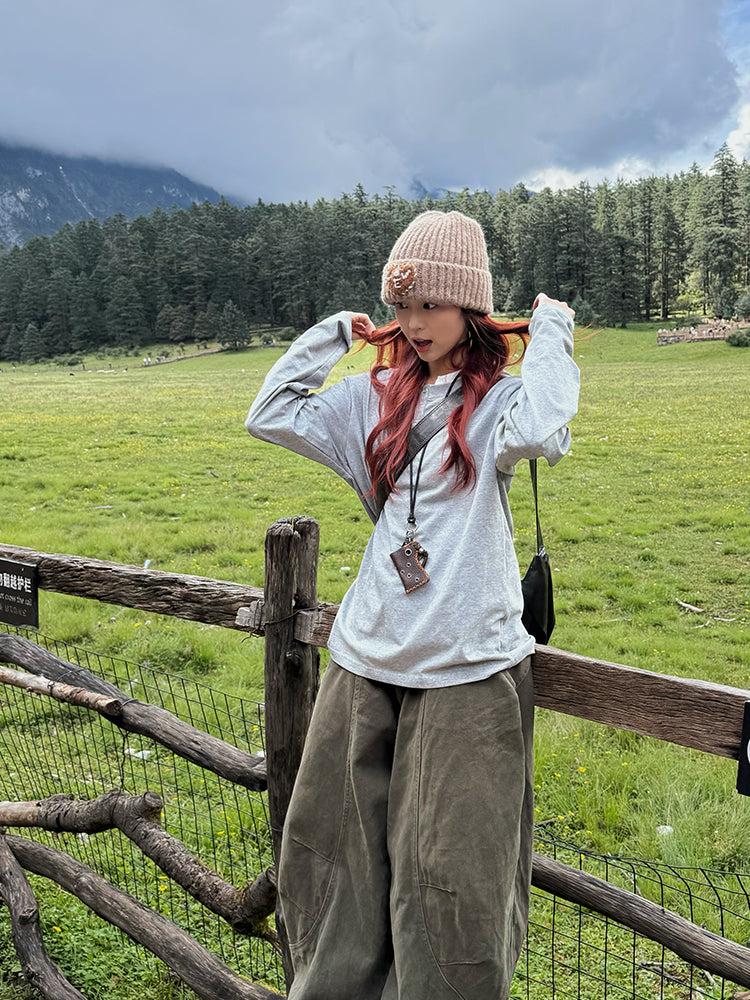 フェイクツーピースヘンリーカラー長袖Tシャツ N593