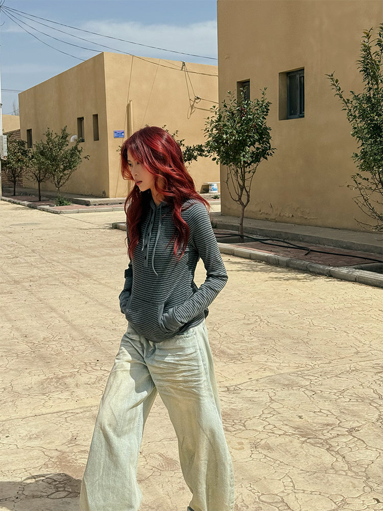 リブボーダー・フィンガーホールフーデッドTシャツ N682