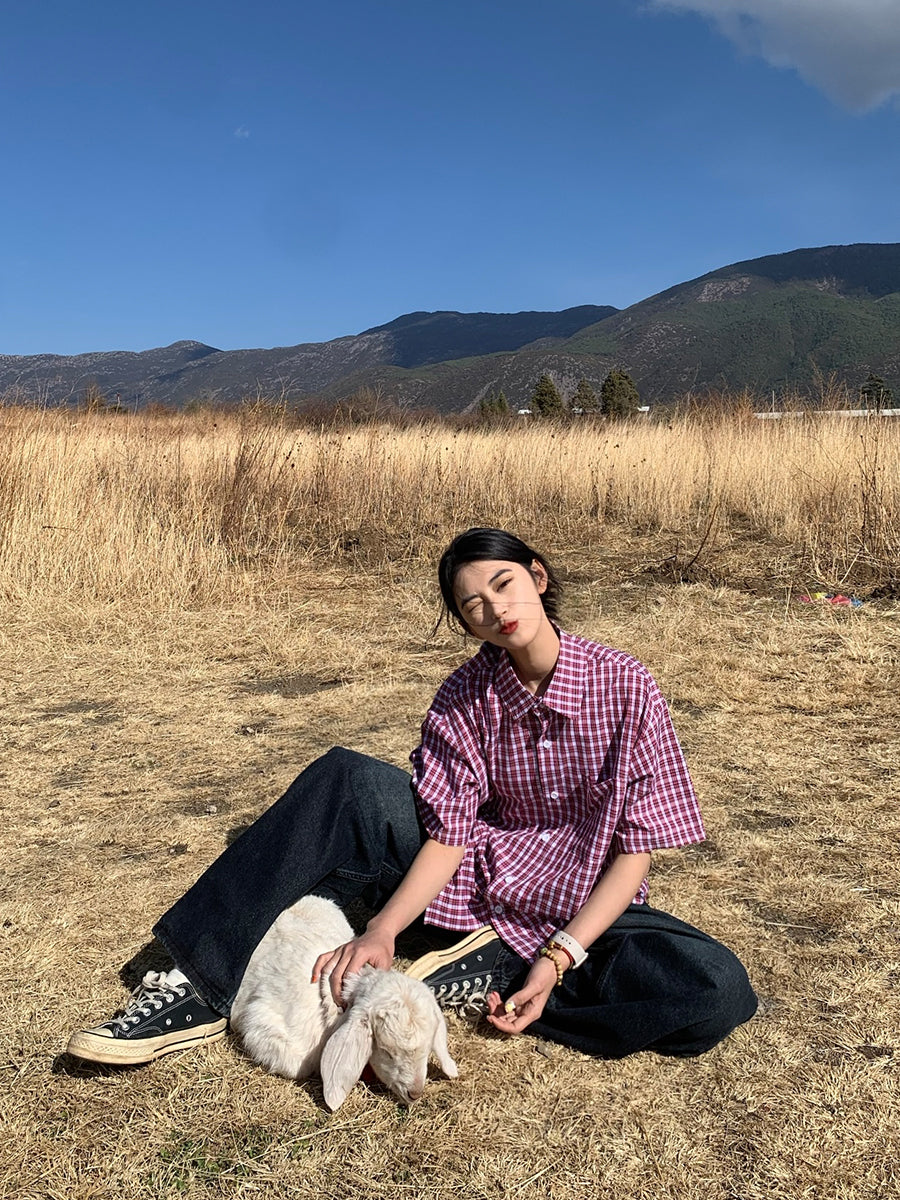 チェック柄半袖Tシャツ N433