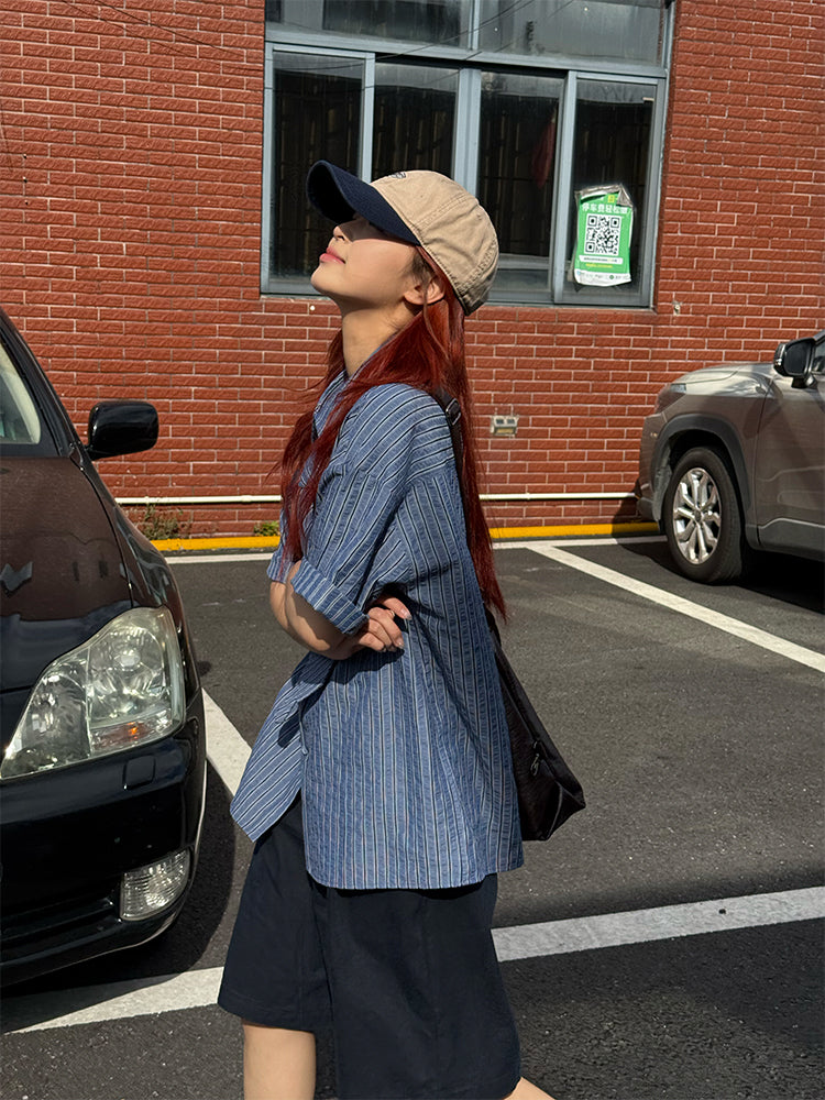 ストライプネクタイ付き半袖シャツ N480