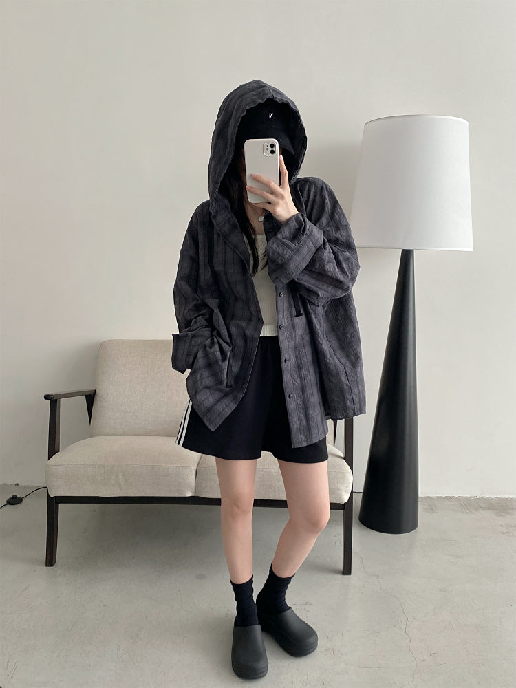 フード付きロングチェックシャツ N604