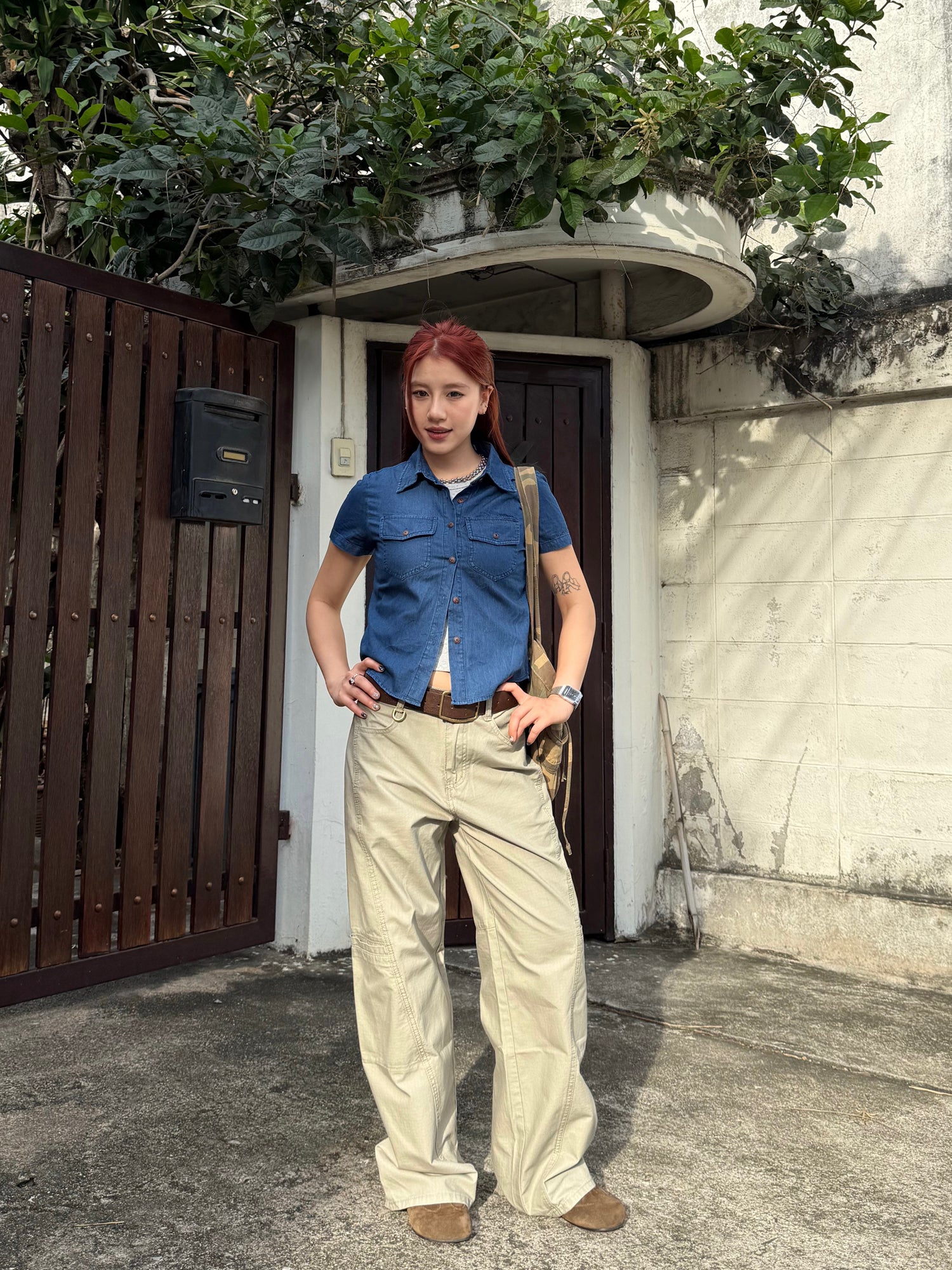 クロップド丈 半袖ウエスタンデニムシャツ N506