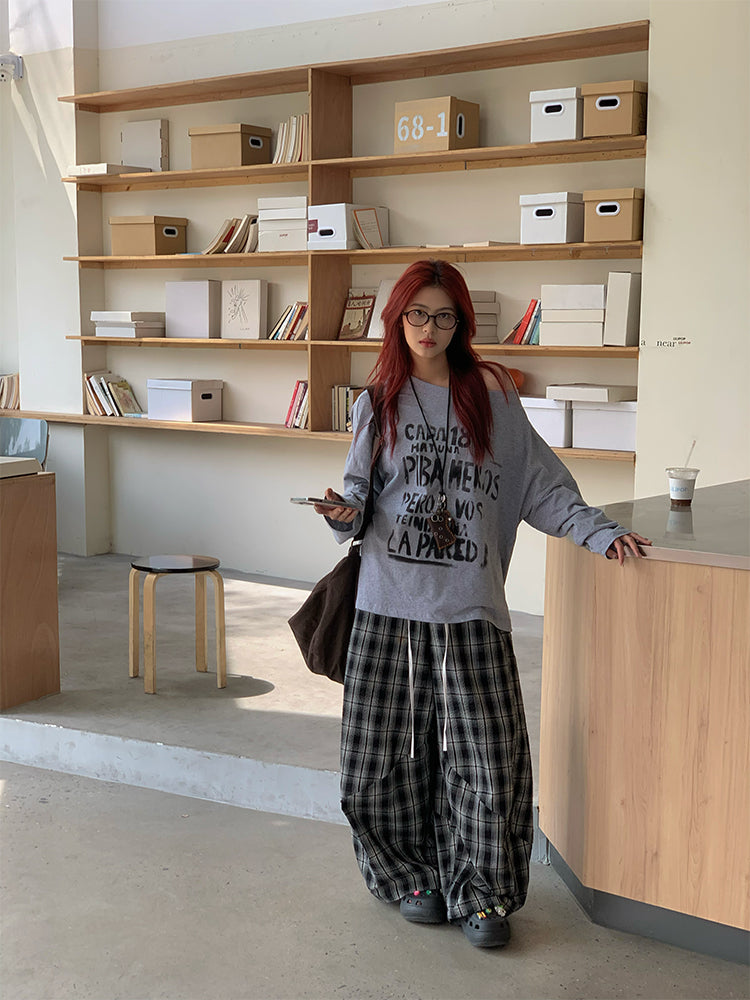 斜め襟デザインレタープリント長袖トップス N425