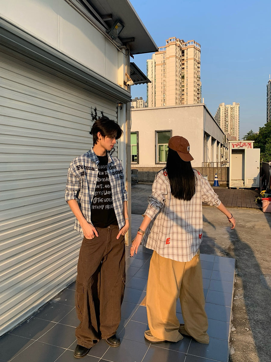 チェック柄レトロシャツユニセックス長袖 N460