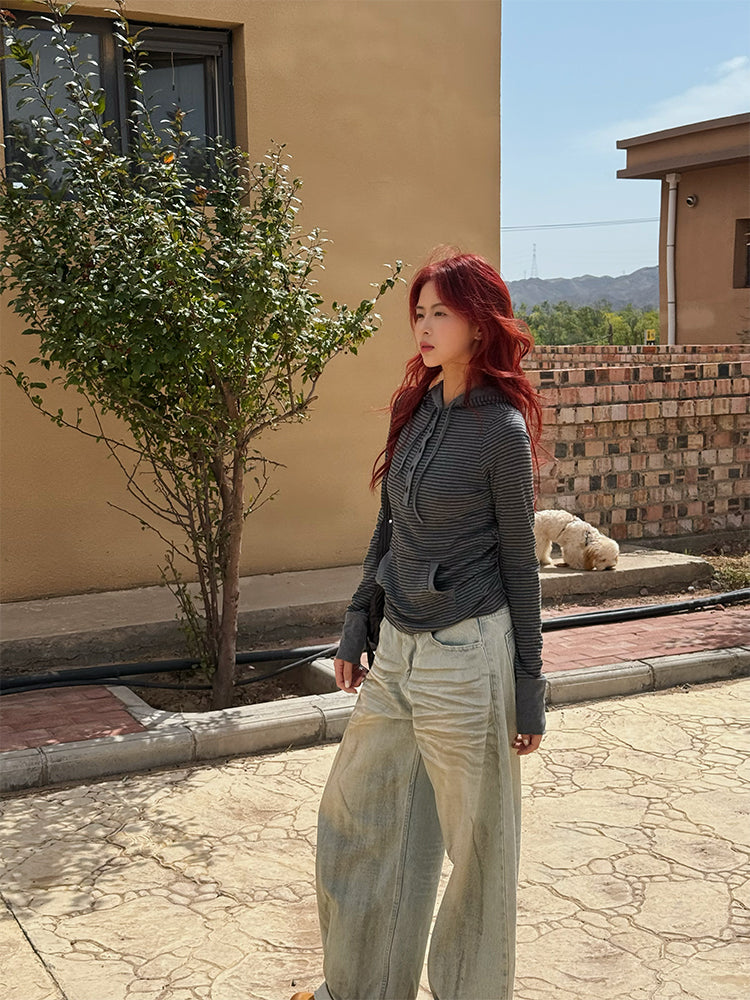 リブボーダー・フィンガーホールフーデッドTシャツ N682