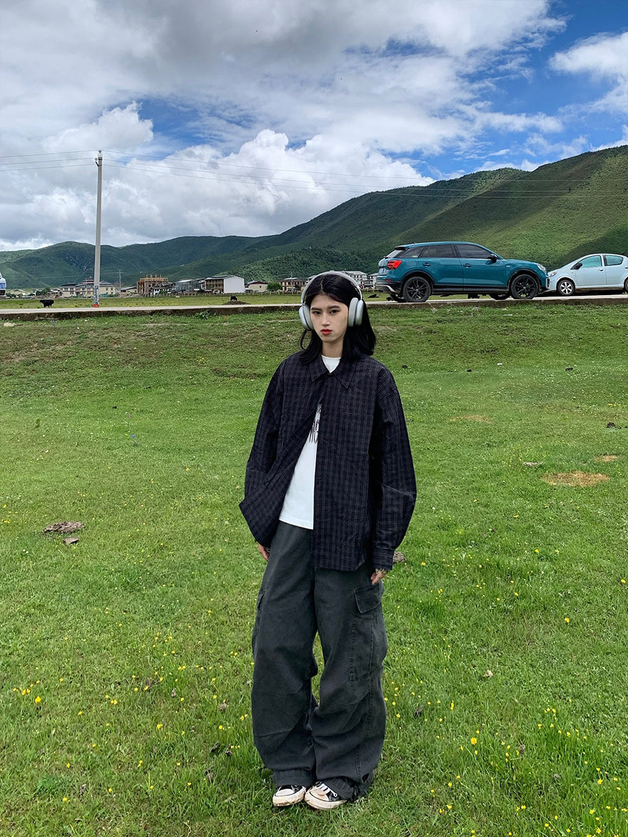 レトロチェック柄長袖シャツ N497